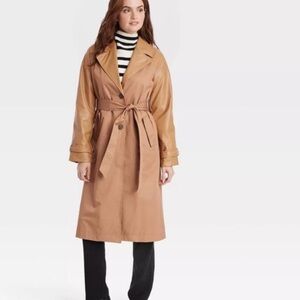 A New Day Lightweight brown trench coat pleather sleeves and belt, size XXL